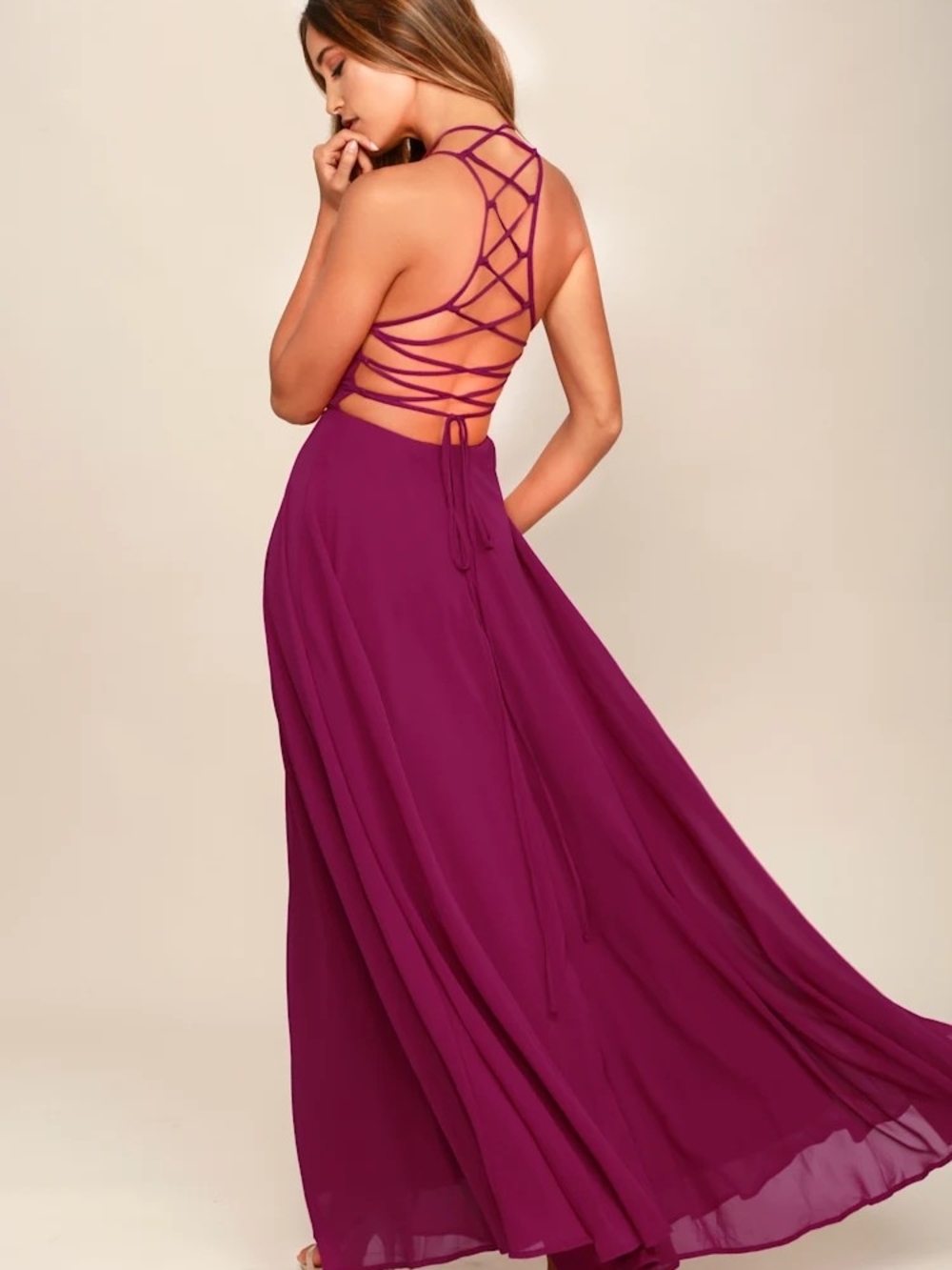 Open-Back Lace-Up Maxi Dress in Deep Magenta